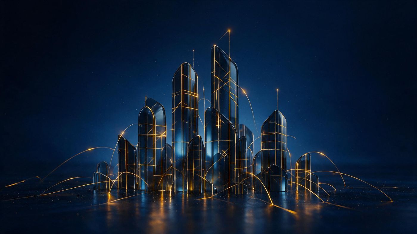 Torres doradas abstractas que representan las ventures construidas por GFM-Ideas